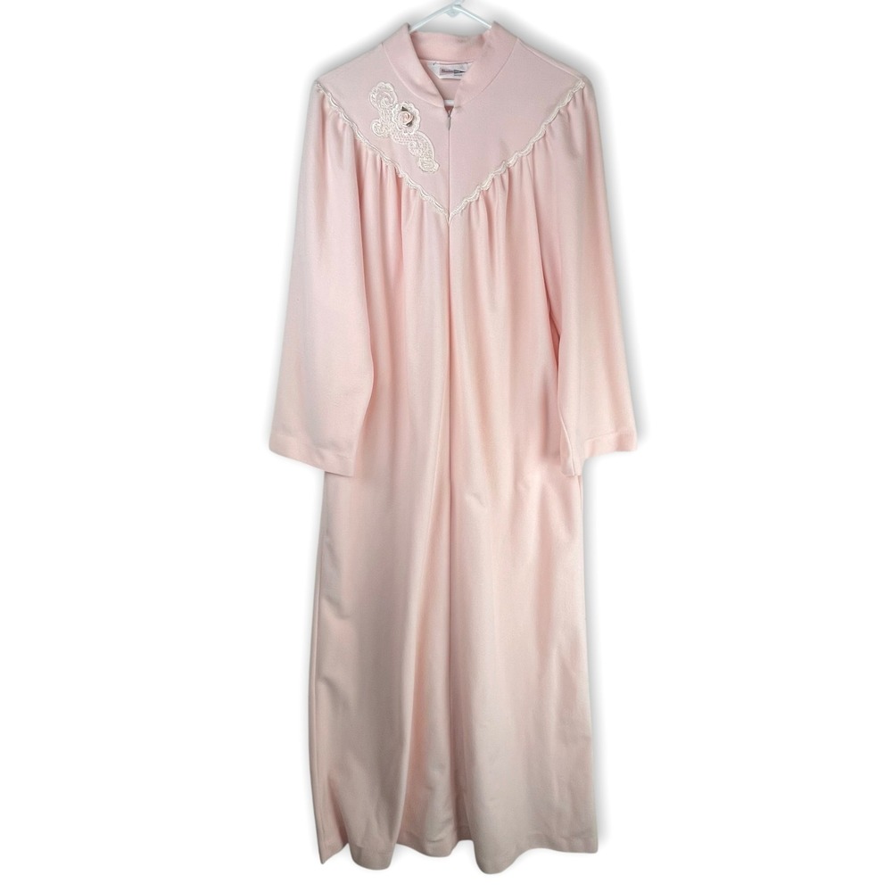 Shadowline Vintage Pink Velour 1/2 Zip Front Robe Lace Long Housecoat Medium